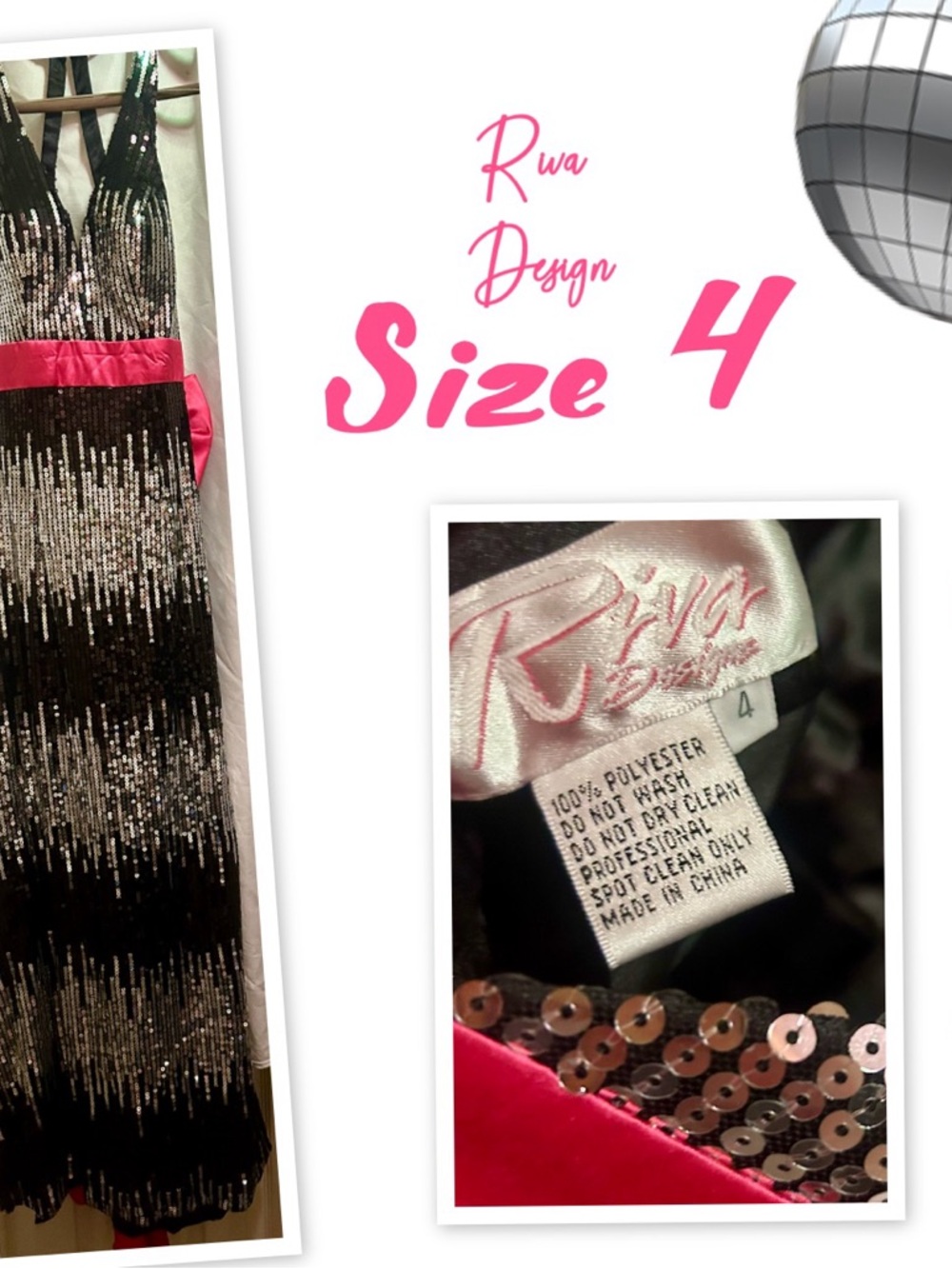 Riva Design Sequin V-Neck Party Dress in Black & Silver with Pink Sash Bow